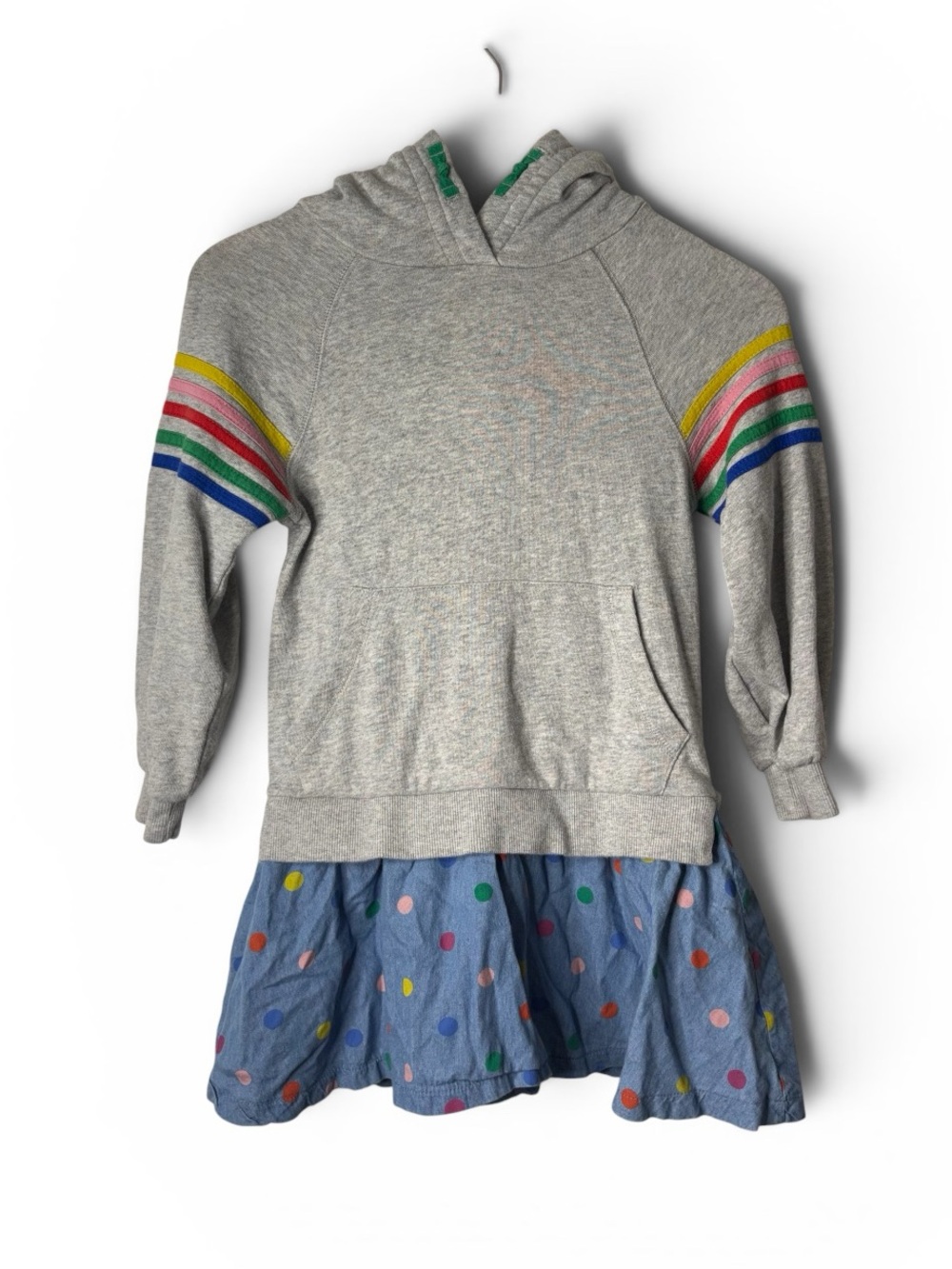 Boden Girls Rainbow Stripe Sweatshirt Dress Size 7-8Y Gray Polka Dot